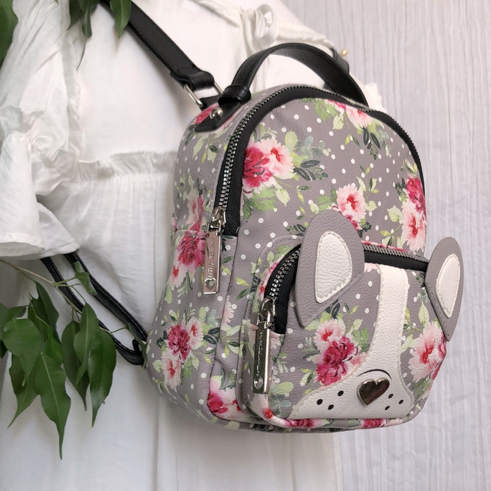 BETSEY JOHNSON French Bull dog roses pattern mini backpack w/shoulder straps